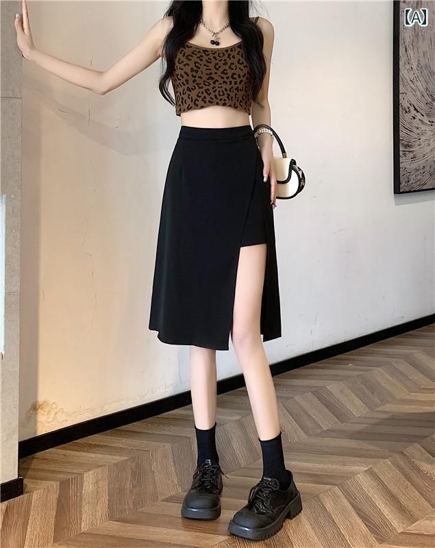 レディース ファッション 春夏 秋冬 オシャレ かわいい 韓国 大きいサイズハイウエストスリットブラックスカート 女性用夏用 スリム お腹 カバーパンツスカートショートスカート|YKC8