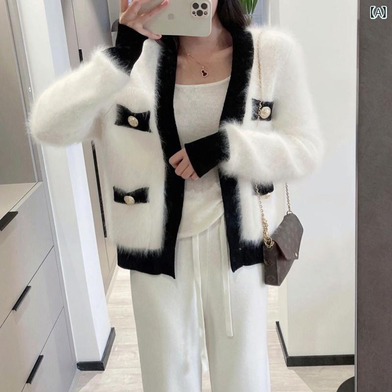 レディース ファッション 春夏 秋冬 オシャレ かわいい 韓国 フリース セーター ジャケット フレグランスコントラストカラーニットカーディガン