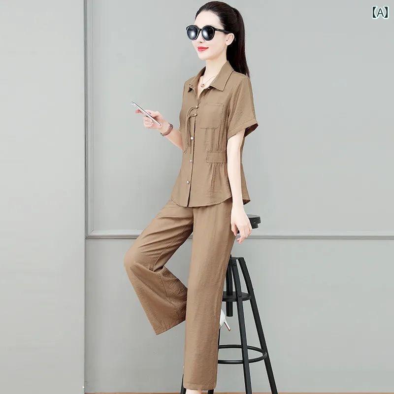 レディース ファッション 春夏 秋冬 オシャレ かわいい 韓国 夏服冷 コットンリネンスーツウエスタン トップス サイズワイドレッグパンツカジュアルツーピーススーツ｜YKC8