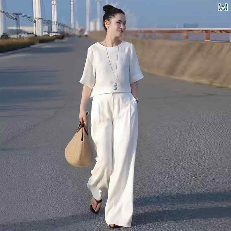 レディース ファッション 春夏 秋冬 オシャレ かわいい 韓国 女性用 夏 リネンワイドレッグパンツツーピーススーツ|YKC8