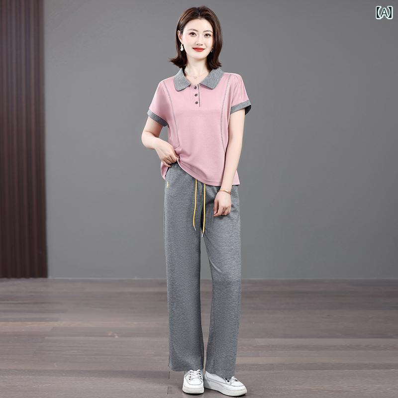 レディース ファッション 春夏 秋冬 オシャレ かわいい 韓国 夏お母さんの カジュアル スポーツ スーツ 女性 2025の 夏 半袖 薄手 T シャツ ツーピース スーツ|YKC8