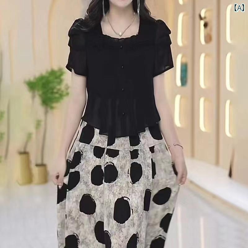 レディース ファッション 春夏 秋冬 オシャレ かわいい 韓国 夏 フェイクツーピースドレス ドットシフォンスプライシングプリントスカート｜YKC8