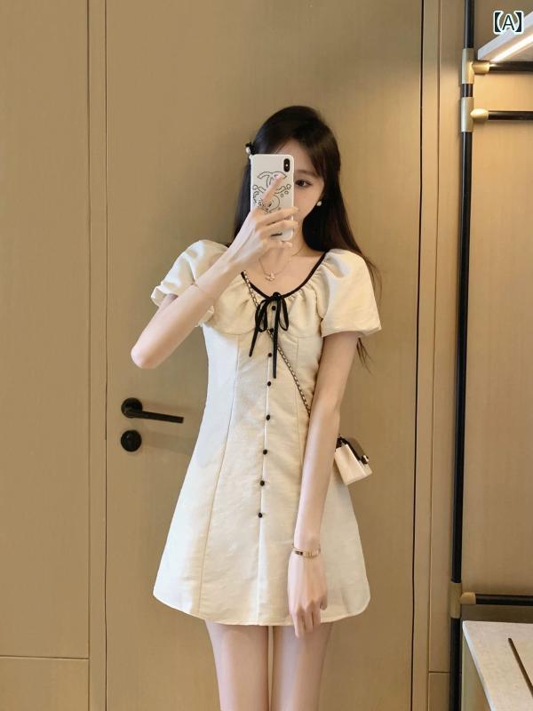 レディース ファッション 春夏 秋冬 オシャレ かわいい 韓国 ホワイトパフスリーブ ワンピース ウエストスモールスカート