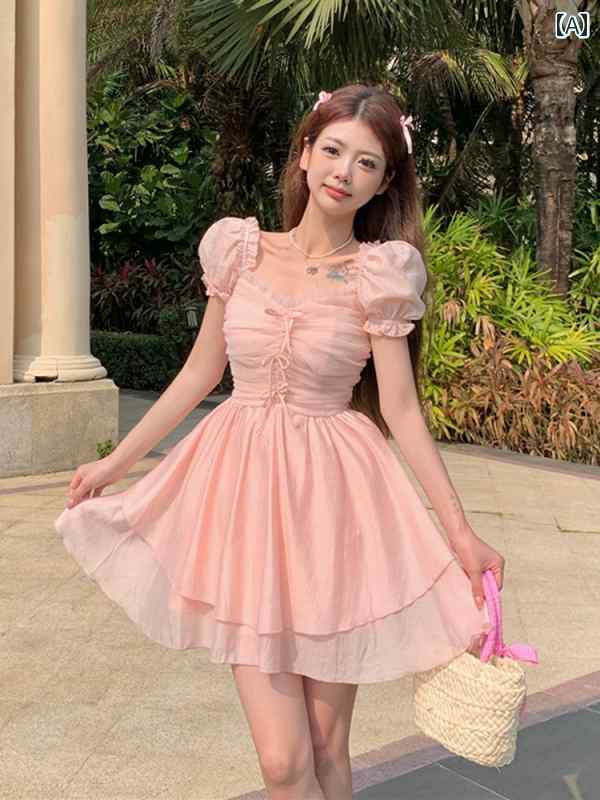 レディース ファッション 春夏 秋冬 オシャレ かわいい 韓国 蝶 フェアリー 柄 スリムプリンセスドレス 夏 ショート フェアリーシフォンドレス｜YKC8