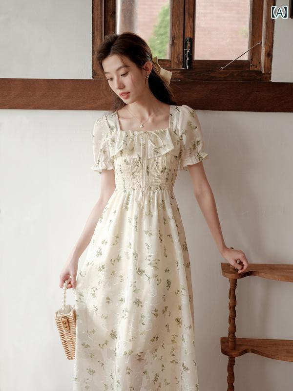 レディース 流行り物 春夏 秋冬 オシャレ 可愛らしい 韓国 成人女性用花柄 衣装 夏 新飛び切り シフォン 海岸地帯 ホリデーワンピースパフスリーブロングワンピース
