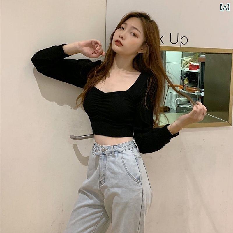 レディース ファッション 春夏 秋冬 オシャレ かわいい 韓国 女性用出 ショートT春　秋韓国 レトロインバブルスリーブ 長袖 スクエアネックトップ｜YKC8