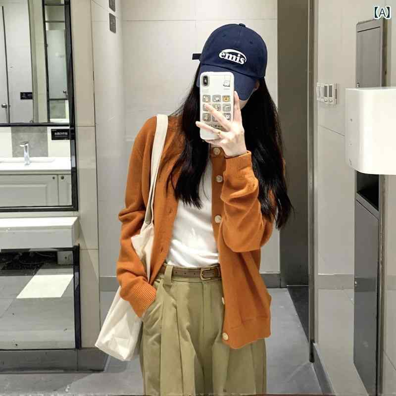 レディース ファッション 春夏 秋冬 オシャレ かわいい 韓国 女性 オレンジラウンドネックニットカーディガンレトロソフト アウター セーター ジャケット トップ
