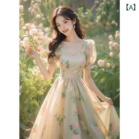 レディース ファッション 春夏 秋冬 オシャレ かわいい 韓国 ティーブレイク フレンチ 美しい 格好 高級 精巧 ウエスト グリーン 花柄 パフスリーブドレス 女性 夏｜YKC8 28,519円