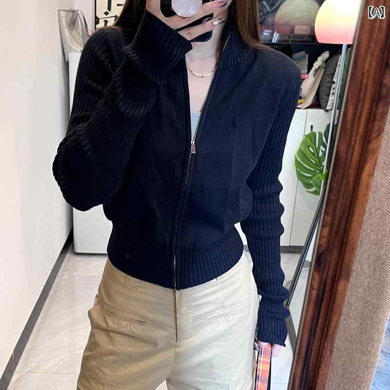 レディース ファッション 春夏 秋冬 オシャレ かわいい 韓国 レッドスタンドカラージッパーニットカーディガン ジャケット 誕生春　秋 セーター インナートップ