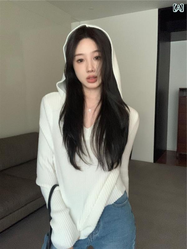 レディース ファッション 春夏 秋冬 オシャレ かわいい 韓国 ホワイトフード セーター ニット セーター スモール スリムフィット セーター ジャケット トップ｜YKC8
