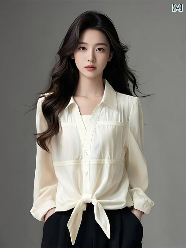 レディース ファッション 春夏 秋冬 オシャレ かわいい 韓国 フェイクツーピース 裾結び 目長袖 シフォン 春韓国日焼 防止 トップス|YKC8