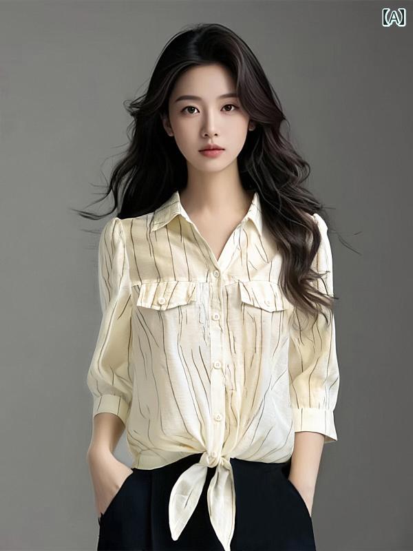 レディース ファッション 春夏 秋冬 オシャレ かわいい 韓国 七分袖 裾 結び シフォンシャツ レディース T シャツ 2025 夏 ゆったり お腹 カバー シャツ トップス|YKC8