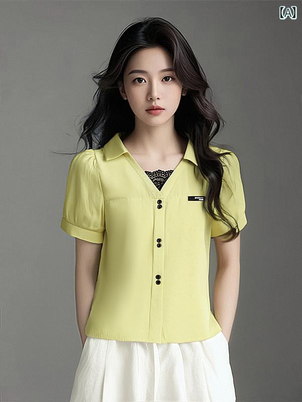 レディース ファッション 春夏 秋冬 オシャレ かわいい 韓国 フェイクツーピース つなぎ 合わせ 半袖 Tシフォン 夏 お腹 カバートップス｜YKC8