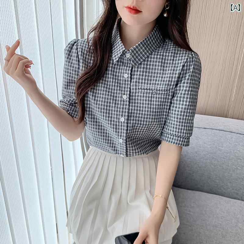 レディース ファッション 春夏 秋冬 オシャレ かわいい 韓国 チェック 文学的韓国 レトロ 半袖 トップス 夏|YKC8