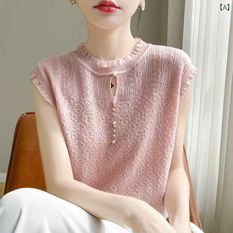レディース ファッション 春夏 秋冬 オシャレ かわいい 韓国 半袖 T夏 新型 ノースリーブレースベスト 冷 ニットトップス|YKC8