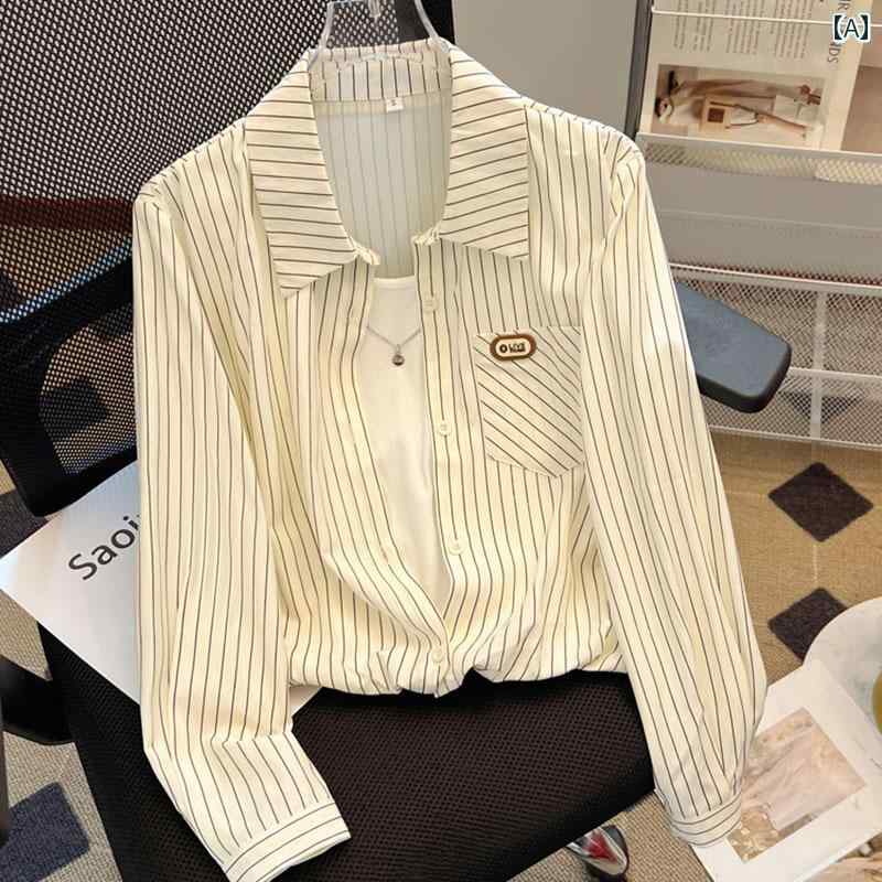 レディース ファッション 春夏 秋冬 オシャレ かわいい 韓国 フェイクツーピーススプライシングストライプ 女性 女性春 秋 トップス|YKC8