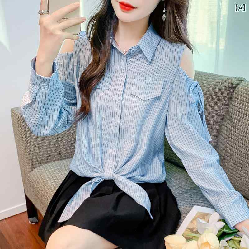 レディース ファッション 春夏 秋冬 オシャレ かわいい 韓国 長袖 シフォン 春 ヘムノットオフショルダートップス｜YKC8