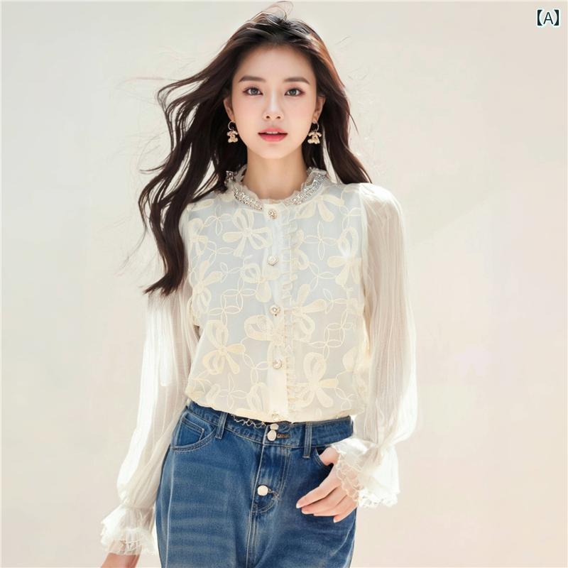 レディース ファッション 春夏 秋冬 オシャレ かわいい 韓国 ビーズ ヘビーデューティースタイリッシュ 長袖 レース 春 トップ|YKC8