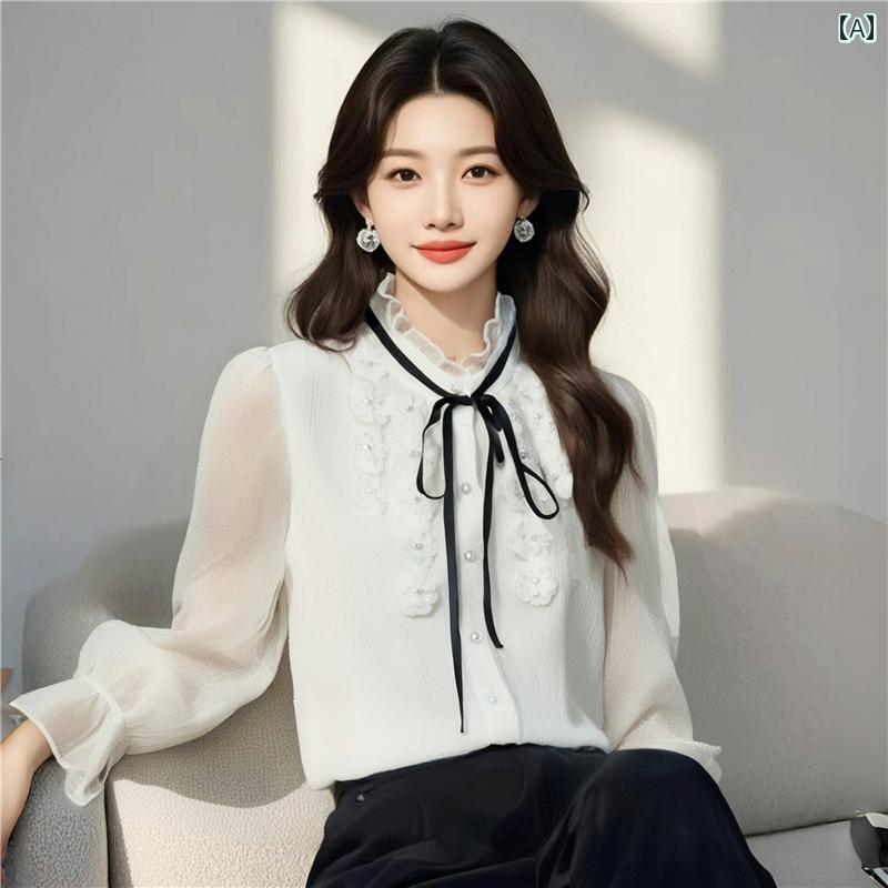 レディース ファッション 春夏 秋冬 オシャレ かわいい 韓国 スタンドカラーリボン 長袖 シフォン 春 フレンチシックトップス|YKC8