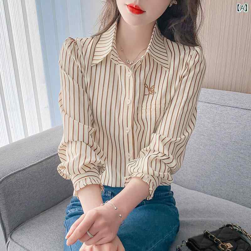 レディース ファッション 春夏 秋冬 オシャレ かわいい 韓国 ストライプ 快適 スリムPOLOカラー 長袖女性 春 秋 トップス|YKC8