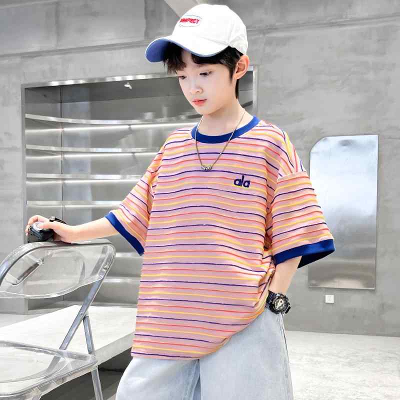 春夏 秋冬 キッズ 子供 ベビー 赤ちゃん ファッション おしゃれ かわいい かっこいい 男 女 韓国 男子 夏用 半袖 T シャツ 夏 カジュアル トップス中 高校生 男子用 薄手 T シャツ ボーダー シンプル｜YKC8