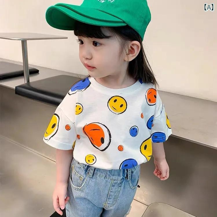 春　夏　秋　冬　キッズ　子供　ベビー　赤ちゃん　ファッション　おしゃれ　かわいい　かっこいい　男　女　韓国 女子 半袖 夏 T シャツ 綿 赤ちゃん 夏 韓国 子供用 スマイリ トップス カジュアル 半袖 T シャツ｜YKC8