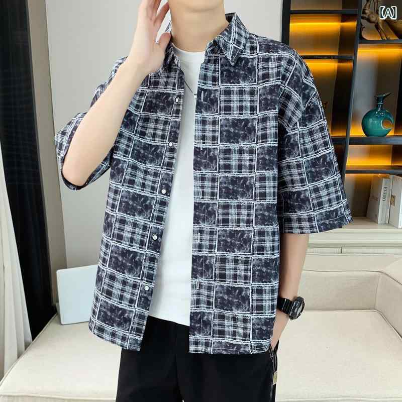 メンズ ファッション 春夏 秋冬 かっこいい オシャレ モテ 男性用 紳士服 服 韓国 シンプル 大人 チェック シャツ 半袖 個性 プリント シャツ 半袖 薄手 ホリデー インチ