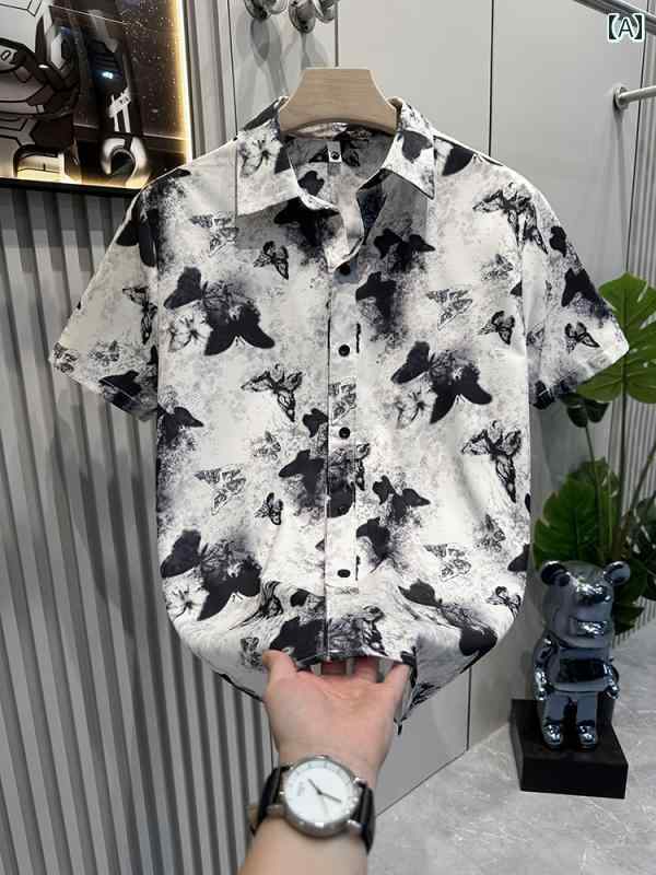 メンズ ファッション 春夏 秋冬 かっこいい オシャレ モテ 男性用 紳士服 服 韓国 シンプル 大人 半袖 シャツ 薄手 ゆったり ドレープ クリーン フィット プリント シャツ｜YKC8