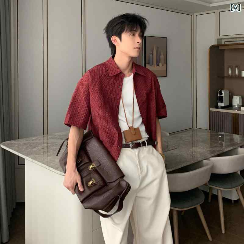 メンズ ファッション 春夏 秋冬 かっこいい オシャレ モテ 男性用 紳士服 服 韓国 シンプル 大人 アウターウェア ブルー チェック柄 シャツ 半袖 シアサッカー シャツ トップス
