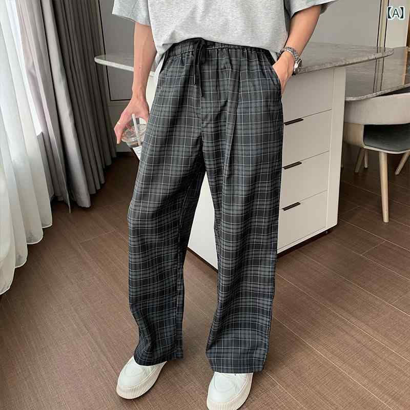 メンズ ファッション 春夏 秋冬 かっこいい オシャレ モテ 男性用 紳士服 服 韓国 シンプル 大人 ボーイズ ウェア パンツ 薄手 チェック柄 カジュアル パンツ 伸縮性 ウエスト ストレート ワイド レッグ パンツ