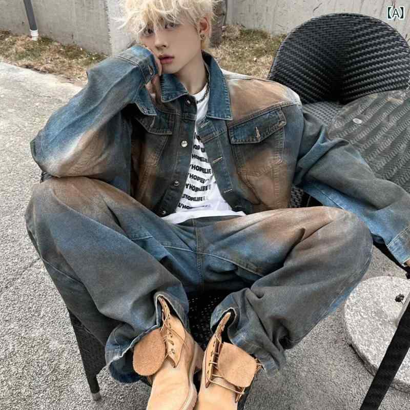 メンズ ファッション 春夏 秋冬 かっこいい オシャレ モテ 男性用 紳士服 服 韓国 シンプル 大人 レトロ ダメージ デニムジャケット アメリカン クール ウエスタン デニムジャケット ウェイストランド ミックス カラー スーツ|YKC8