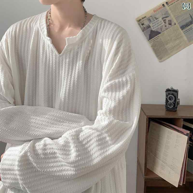 メンズ ファッション 春夏 秋冬 かっこいい オシャレ モテ 男性用 紳士服 服 韓国 シンプル 大人 Vネック 長袖 T シャツ ヘビー トップ ハイエンドナー レイヤリング シャツ