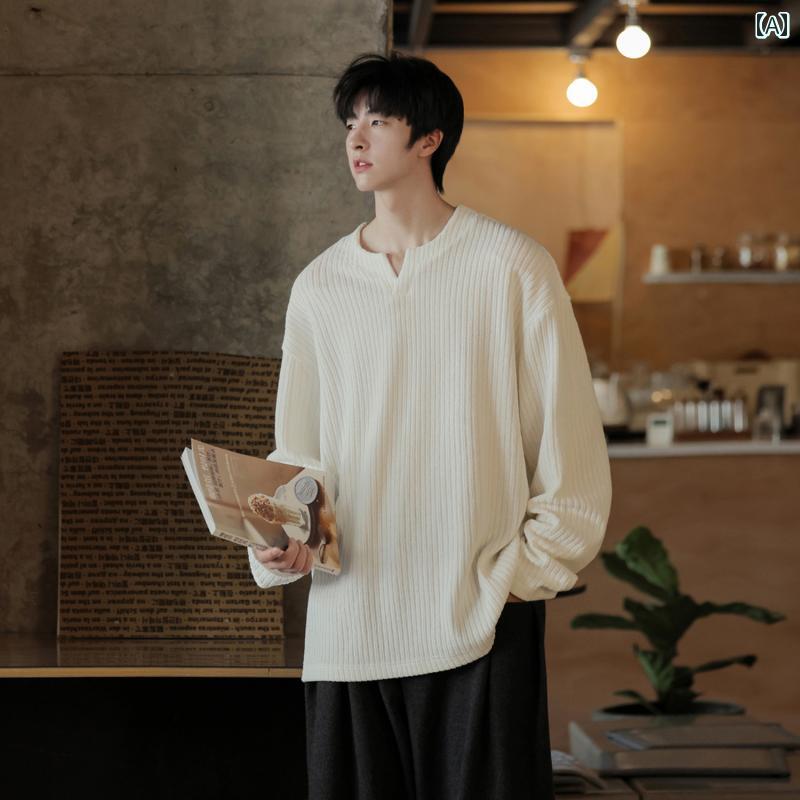 メンズ ファッション 春夏 秋冬 かっこいい オシャレ モテ 男性用 紳士服 服 韓国 シンプル 大人 男性テクスチャー ド Vネック 長袖 T シャツ カジュアル 白ナー レイヤリング シャツ 秋
