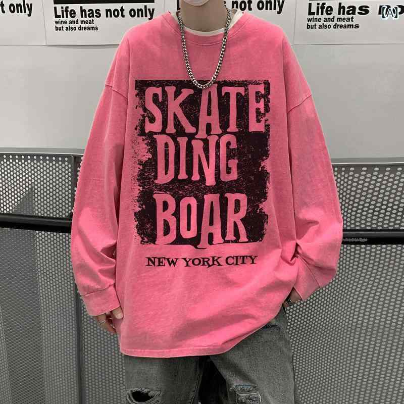 メンズ ファッション 春夏 秋冬 かっこいい オシャレ モテ 男性用 紳士服 服 韓国 シンプル 大人 アメリカン ウォッシュ 加工 長袖 T シャツ 男子 レター プリント綿 厚手 ラウンドネック トップ