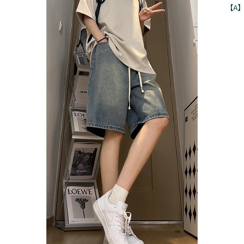 メンズ ファッション 春夏 秋冬 かっこいい オシャレ モテ 男性用 紳士服 服 韓国 シンプル 大人 ウォッシュ 加工 ブラック デニムショートパンツ 薄手 大きいサイズ ドローストリング ワイド レッグ パンツ カジュアル ショート パンツ