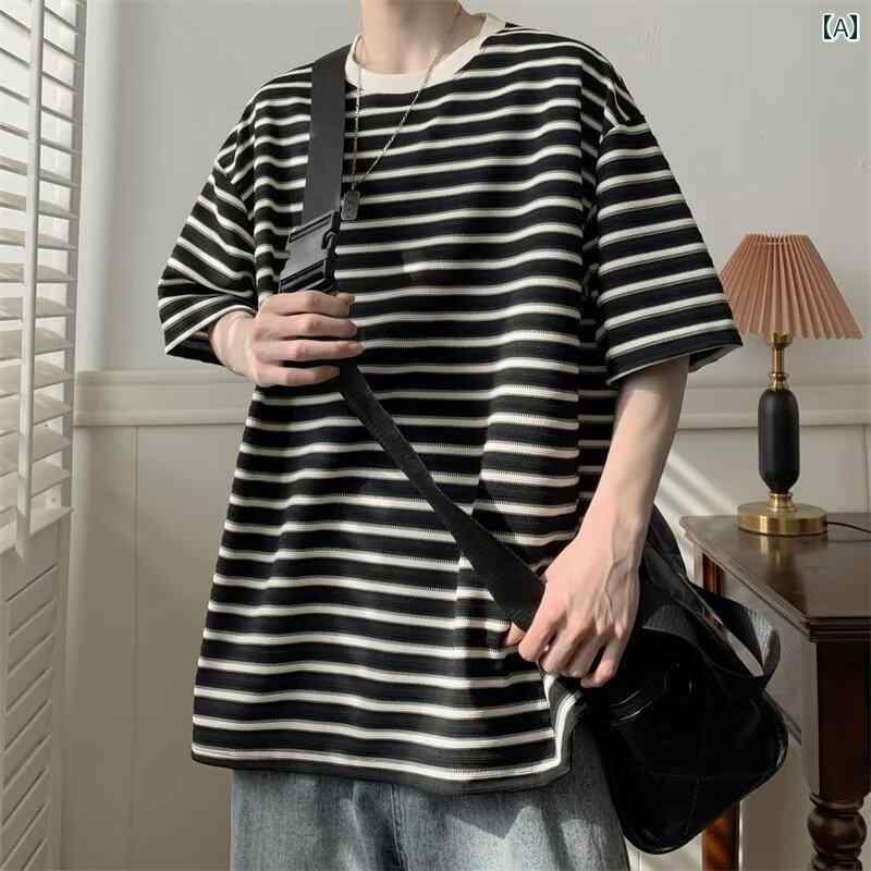 メンズ ファッション 春夏 秋冬 かっこいい オシャレ モテ 男性用 紳士服 服 韓国 シンプル 大人 ストライプ 半袖 T シャツ オーバー サイズ カレッジ 半袖 トップス