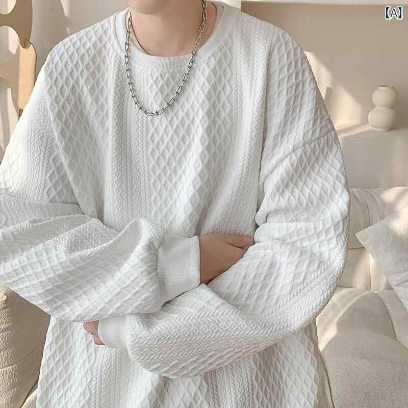 メンズ ファッション 春夏 秋冬 かっこいい オシャレ モテ 男性用 紳士服 服 韓国 シンプル 大人 テクスチャー ド ジャカード ラウンドネック スウェットシャツ ヘビーウェイト ハイエンド 大きいサイズインナー ロングスリーブ T シャツ