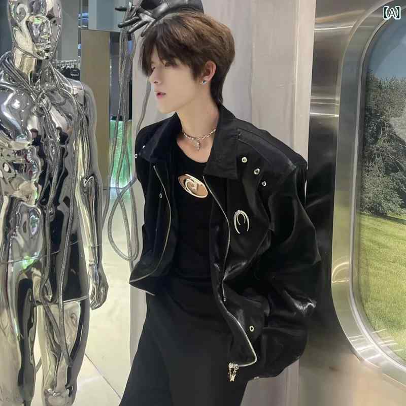 メンズ ファッション 春夏 秋冬 かっこいい オシャレ モテ 男性用 紳士服 服 韓国 シンプル 大人 アメリカ レトロ 肩 レザージャケット アメリカ ストリート ボンバー ジャケット ショート サイバー パンク 服|YKC8