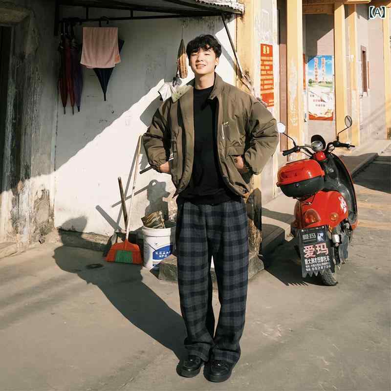 メンズ ファッション 春夏 秋冬 かっこいい オシャレ モテ 男性用 紳士服 服 韓国 シンプル 大人 ブルー チェック柄 ウール カジュアル パンツ アメリカン レトロ ワイド レッグ パンツ パンツ