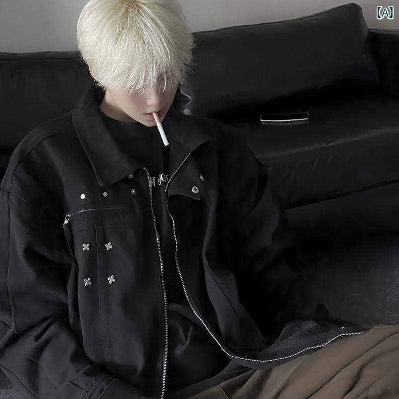 メンズ ファッション 春夏 秋冬 かっこいい オシャレ モテ 男性用 紳士服 服 韓国 シンプル 大人 アメリカン レトロ ストリート ブラックデニムジャケット ハイエンド ジャケット