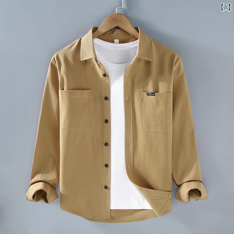 メンズ ファッション 春夏 秋冬 かっこいい オシャレ モテ 男性用 紳士服 服 韓国 シンプル 大人 アメリカン ヘビーウェイト コットン 長袖 ワークシャツ カジュアル シャツ 無地 コットン トップ アウターウェア
