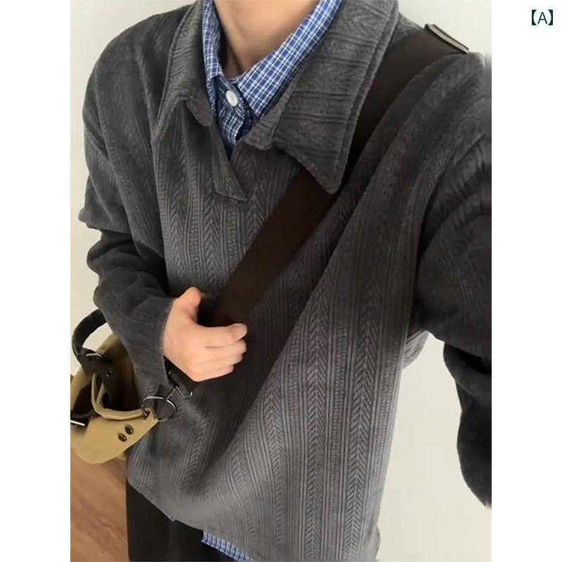 メンズ ファッション 春夏 秋冬 かっこいい オシャレ モテ 男性用 紳士服 服 韓国 シンプル 大人 ダーク グレー 小麦 柄 ポロシャツ アメリカン リラックス 長袖 T シャツ ヘビースウェット シャツ