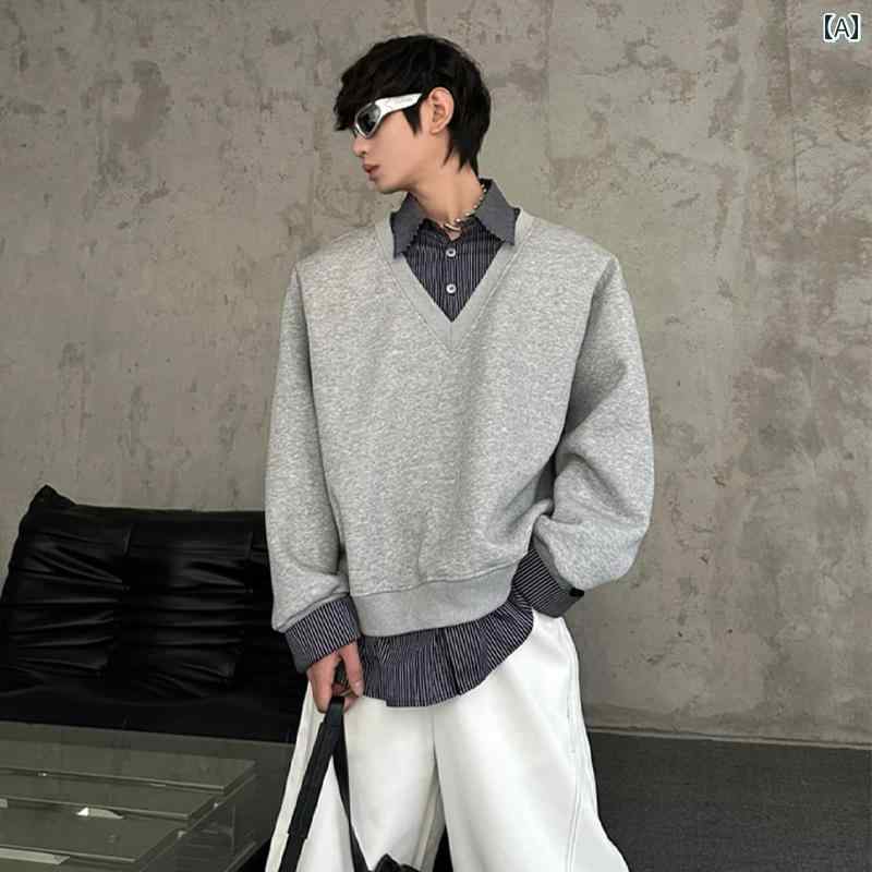 メンズ ファッション 春夏 秋冬 かっこいい オシャレ モテ 男性用 紳士服 服 韓国 シンプル 大人 フェイク ツーピース ポロ カラー スウェットシャツ クリーン フィット シャツ スプライシング レイヤード ロングスリーブ T シャツ