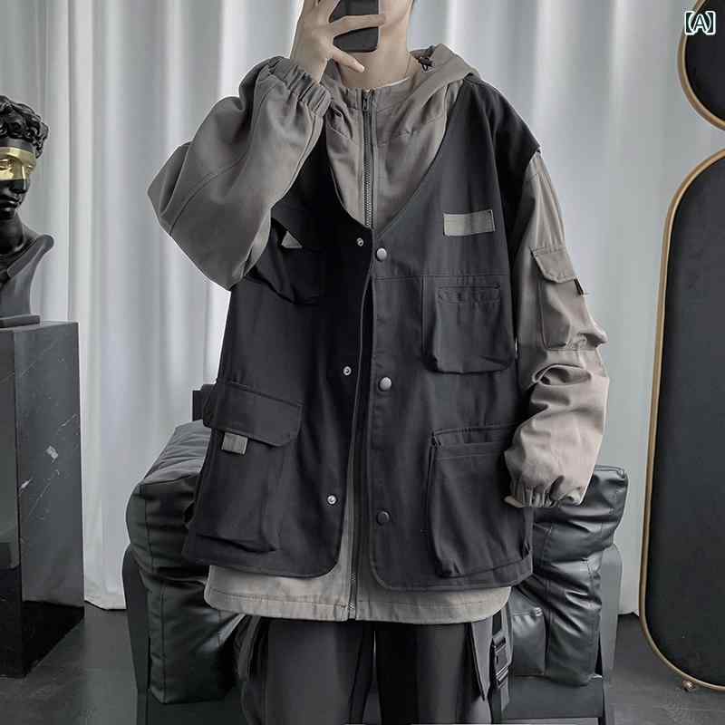 メンズ ファッション 春夏 秋冬 かっこいい オシャレ モテ 男性用 紳士服 服 韓国 シンプル 大人 秋冬 ツーピース ワークジャケット メンズファッション BF 多機能 ジャケット ゆったり フード付き ジャケット｜YKC8