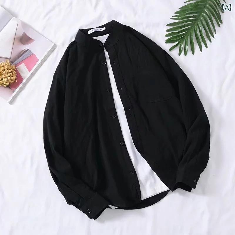 メンズ ファッション 春夏 秋冬 かっこいい オシャレ モテ 男性用 紳士服 服 韓国 シンプル 大人 スタンドカラー コットンリネンの 長袖 シャツ メンズイン スタイルな ソリッドカラー シャツ|YKC8