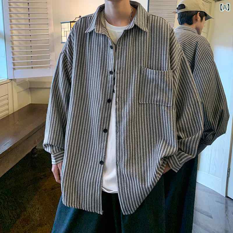 メンズ ファッション 春夏 秋冬 かっこいい オシャレ モテ 男性用 紳士服 服 韓国 シンプル 大人 メンズ レディースのの 春秋 ストライプ 長袖 シャツ な ハイエンド カップル ポケット ドレープ カジュアル シャツ｜YKC8