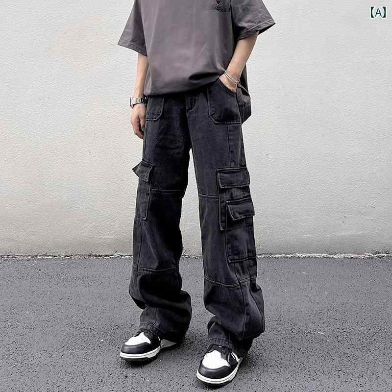 メンズ ファッション 春夏 秋冬 かっこいい オシャレ モテ 男性用 紳士服 服 韓国 シンプル 大人 アメリカ ストリート ヒップ ホップの メンズ ワークウェア ジーンズ 秋 なの ダメージ 加工 汎用性の 高さ ストレート パンツ｜YKC8