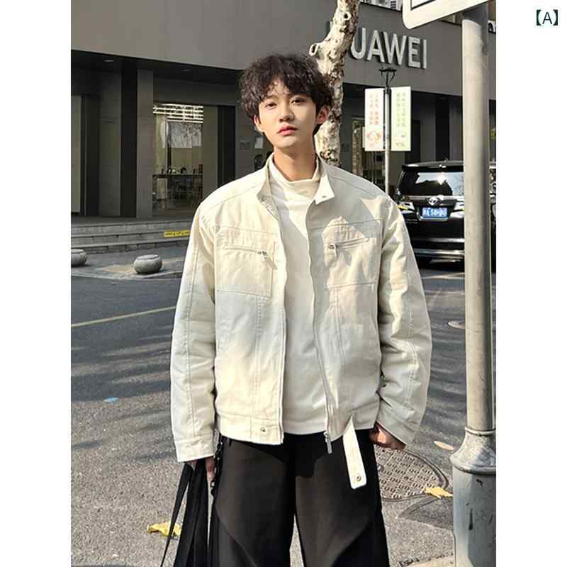 メンズ ファッション 春夏 秋冬 かっこいい オシャレ モテ 男性用 紳士服 服 韓国 シンプル 大人 オフ ホワイト ハリントン ジャケット アメリカン レトロ ウォッシュドデニム クリーン フィット スタンドカラー ショート コート|YKC8