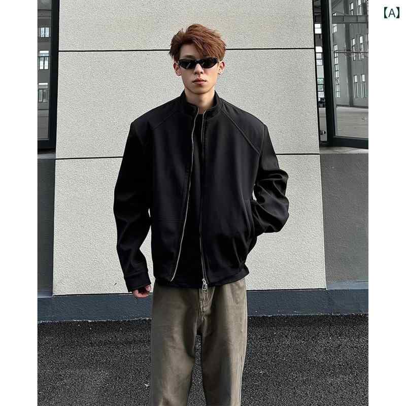 メンズ ファッション 春夏 秋冬 かっこいい オシャレ モテ 男性用 紳士服 服 韓国 シンプル 大人 クリーン フィット ブラック ショルダー ジャケット カジュアル ショート ワイド ショルダー スタンドカラー ジャケット ハイエンド 服｜YKC8