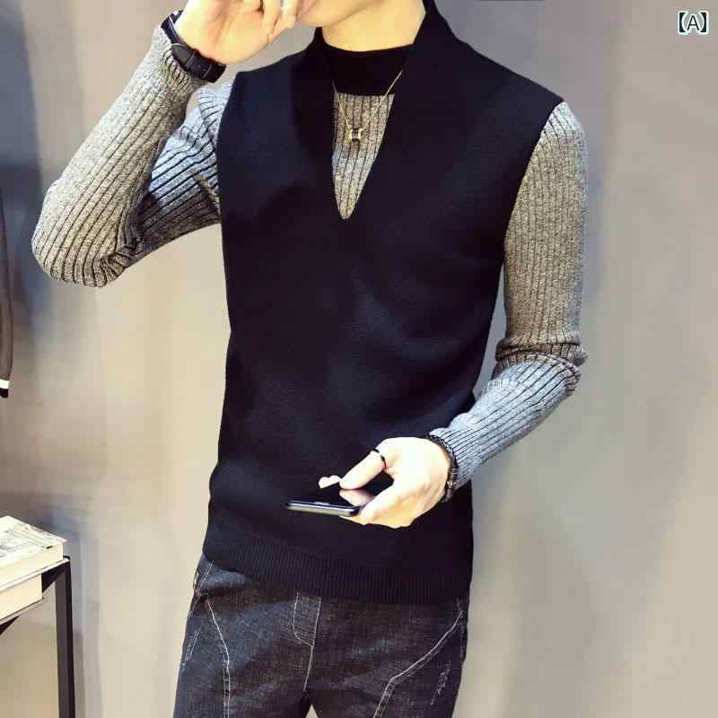 メンズ ファッション 春夏 秋冬 かっこいい オシャレ モテ 男性用 紳士服 服 韓国 シンプル 大人 セーター ニットカーディガン スリムフィット コート ネット 男 フェイク ツーピース トップ